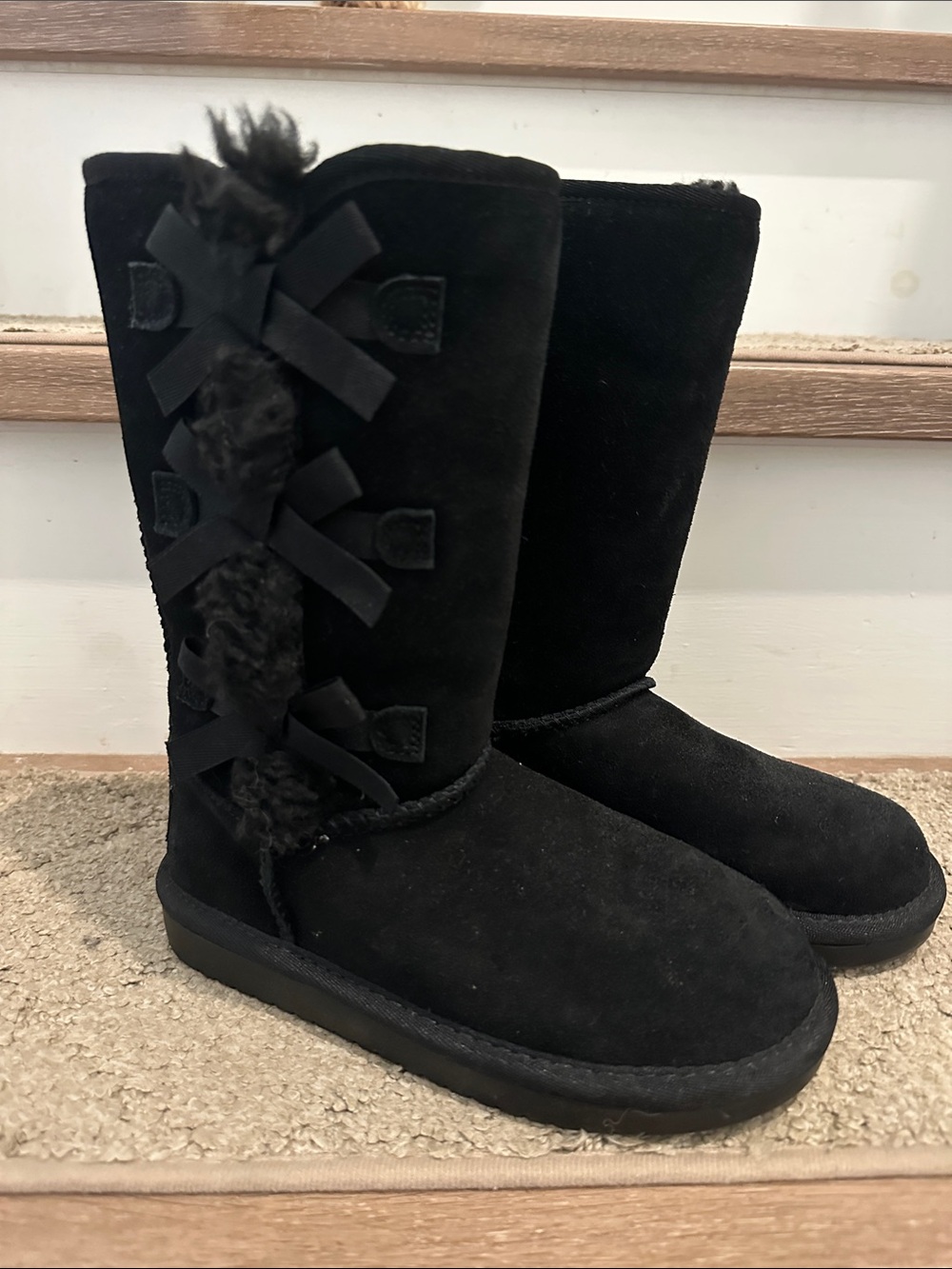 Koolaburra Black Girls' Plush Mid-Calf Boots with Ribbon Detail